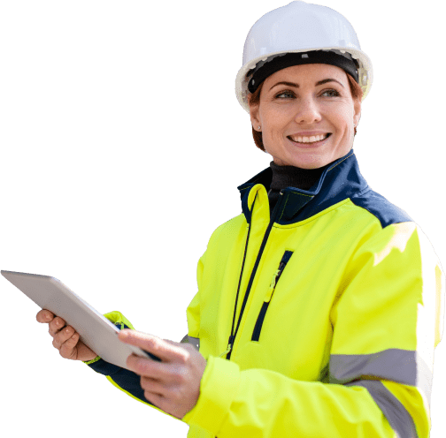 Construction lady with tablet in hand